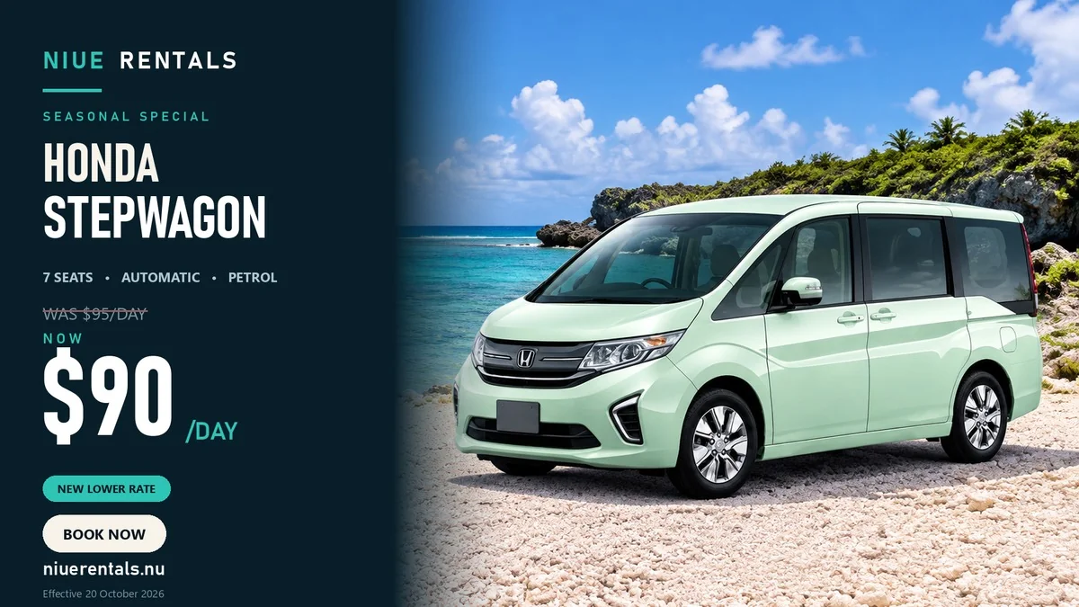 Mint green Honda Stepwagon with the NIUE Rentals seasonal special price of $90 a day
