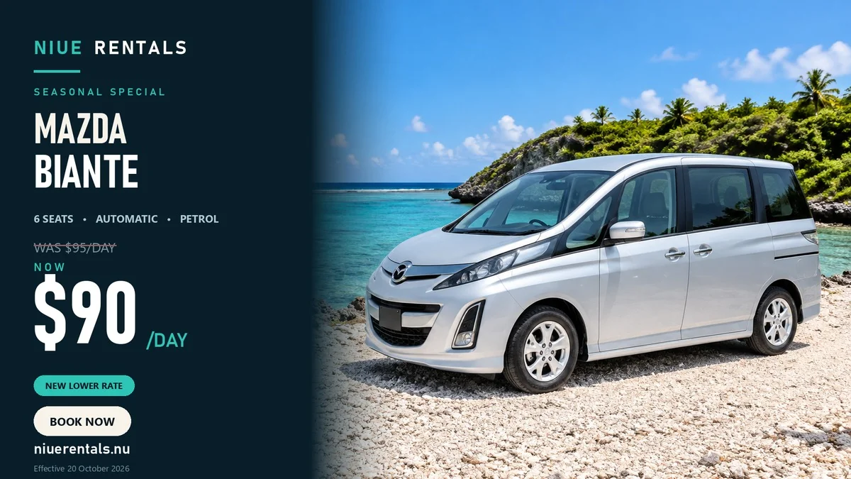 Silver Mazda Biante with the NIUE Rentals seasonal special price of $90 a day