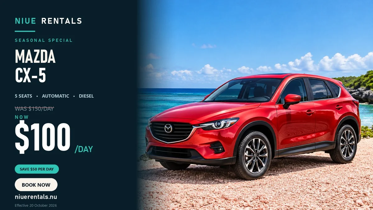 Red Mazda CX-5 with the NIUE Rentals seasonal special price of $100 a day