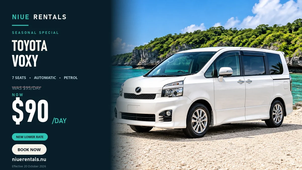 White Toyota Voxy with the NIUE Rentals seasonal special price of $90 a day