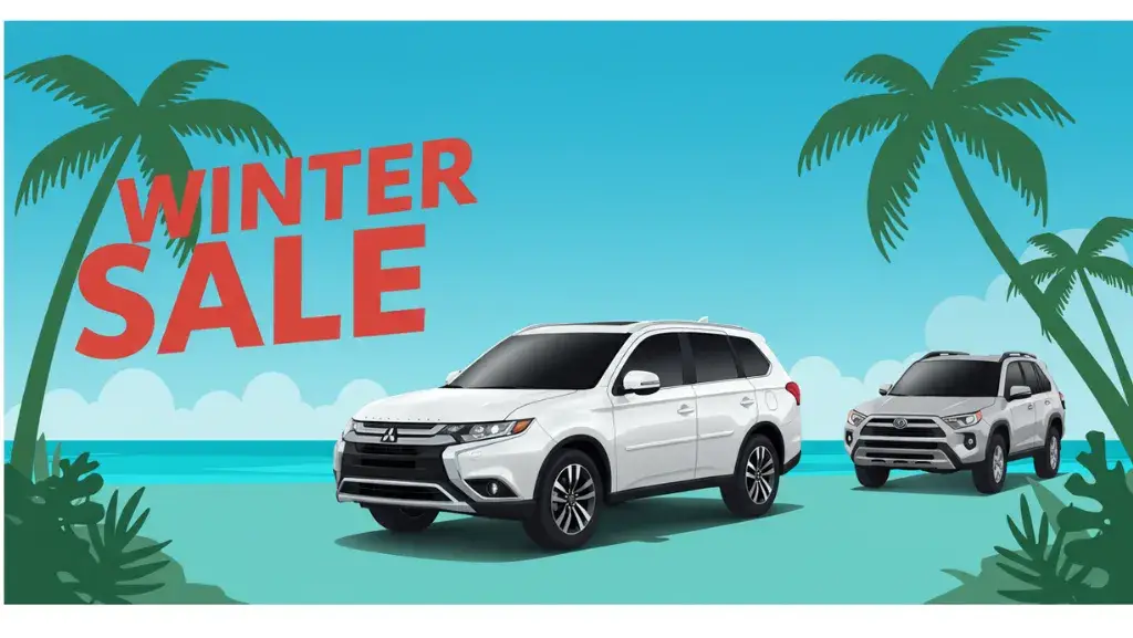 Silver Mitsubishi Outlander SUV parked on a tropical beach with palm trees and ocean in the background, promoting a Winter Sale running from 23rd June to 31st August.